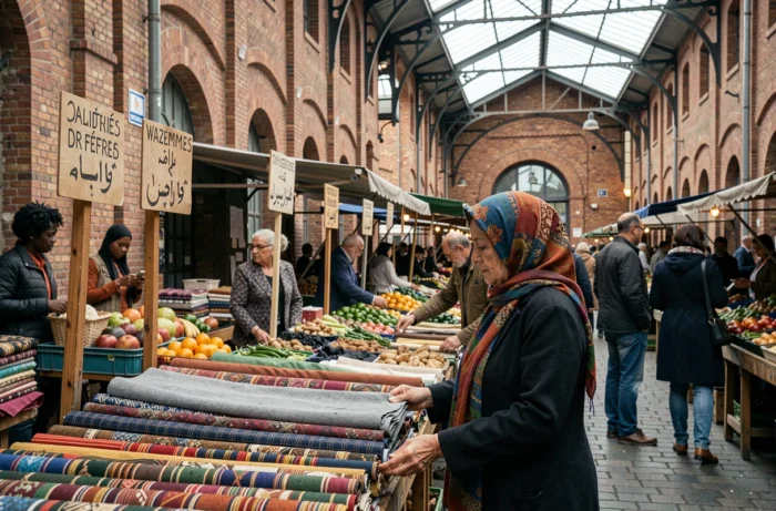 Le marché de Wazemmes à Lille avec des vendeurs et acheteurs multiculturels dans un décor de brique rouge typique du Nord