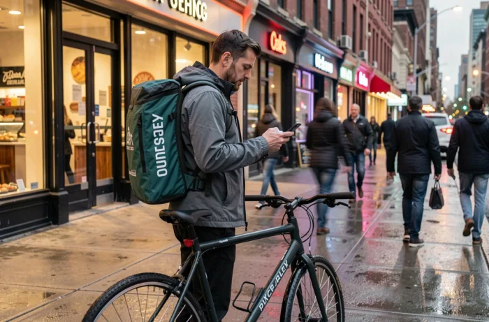 Livreur à vélo avec sac isotherme attendant une commande devant des restaurants en ville pour Uber Eats ou Deliveroo