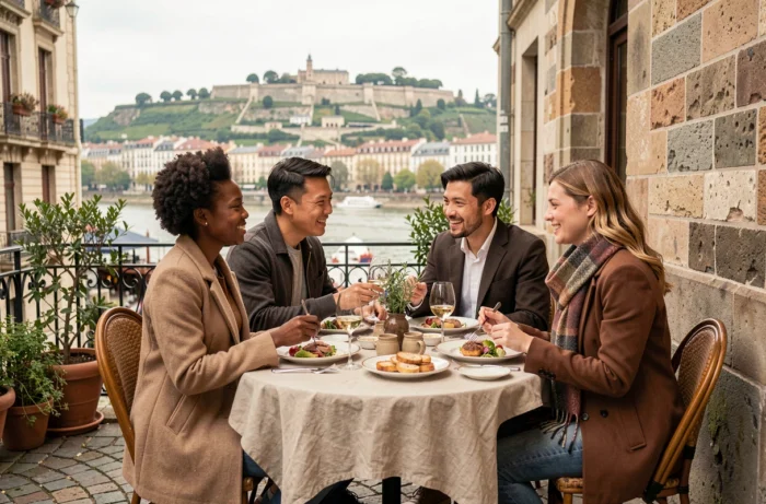 Un groupe d'amis de différentes origines partagent un repas dans un bouchon lyonnais avec vue sur la Saône