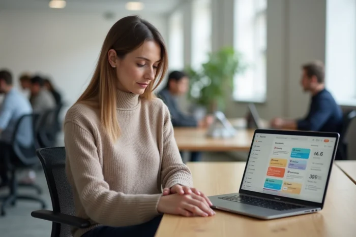 Femme utilisant Mailstrom pour analyser et organiser ses emails en masse dans un espace de coworking