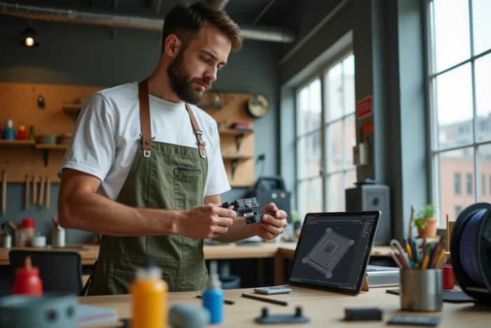Maker barbu utilisant un outil de modélisation 3D en ligne dans un fablab équipé d'imprimantes 3D et de composants électroniques