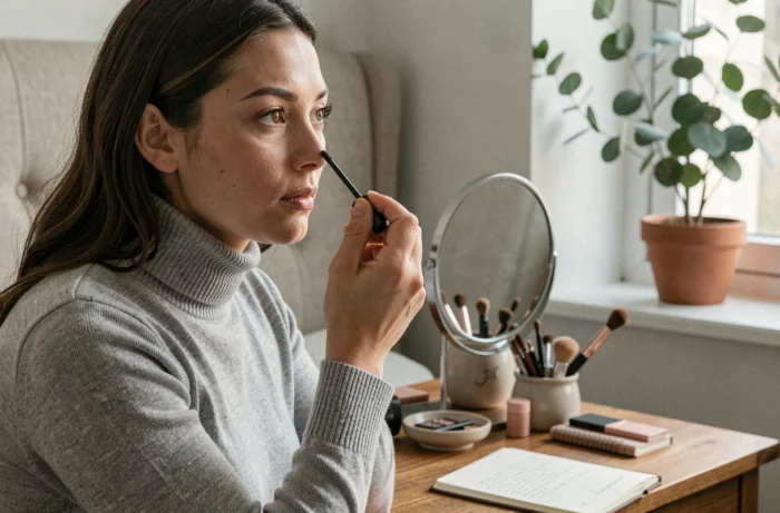 Femme se maquillant avec du mascara devant un miroir sur une coiffeuse en bois dans une chambre
