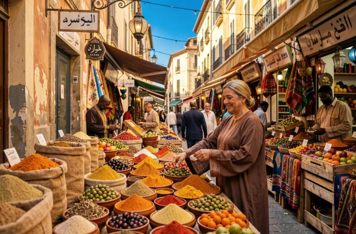 Un marché coloré du quartier Noailles à Marseille avec des vendeurs méditerranéens et nord-africains proposant épices et textiles