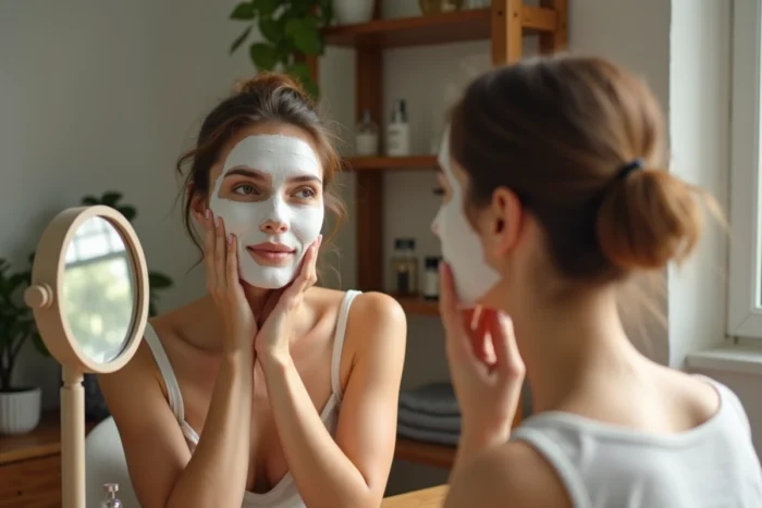 Femme avec masque à l'argile blanche examinant sa peau dans un miroir grossissant sur une coiffeuse