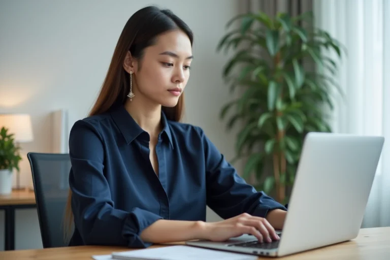 Femme utilisant un logiciel anti spam sur son ordinateur portable dans un bureau moderne