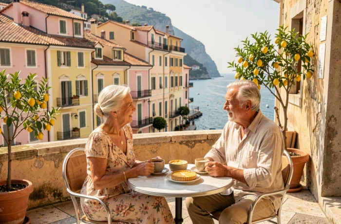 Un couple franco-italien savoure un café sur une terrasse de Menton avec vue sur les façades baroques et la Méditerranée