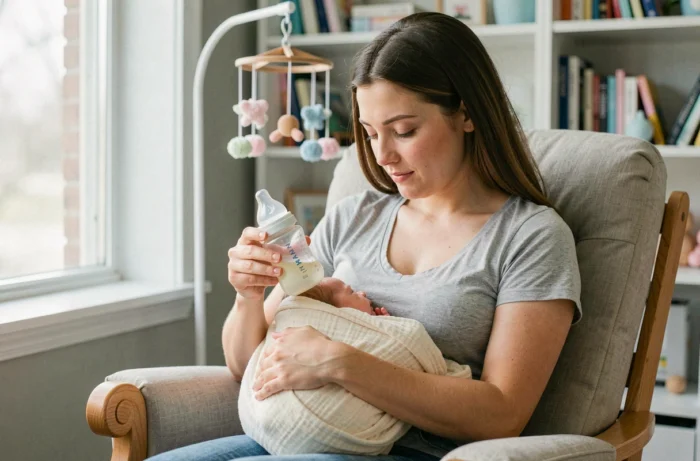 Mère allaitant son nouveau-né avec un biberon MAM dans une chambre de bébé cosy et lumineuse