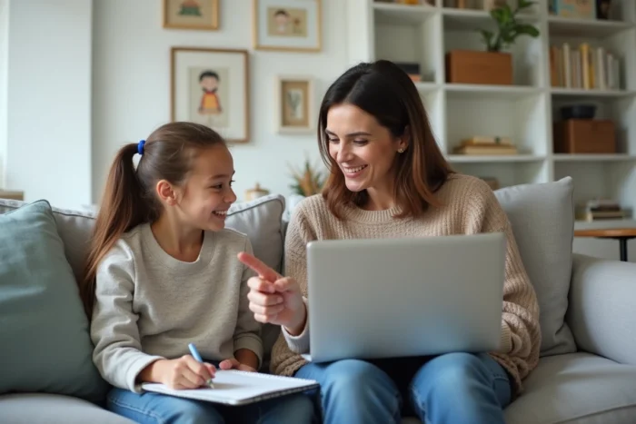 Mère et fille explorant ensemble l'ENT scolaire sur un ordinateur portable dans le salon avant la rentrée
