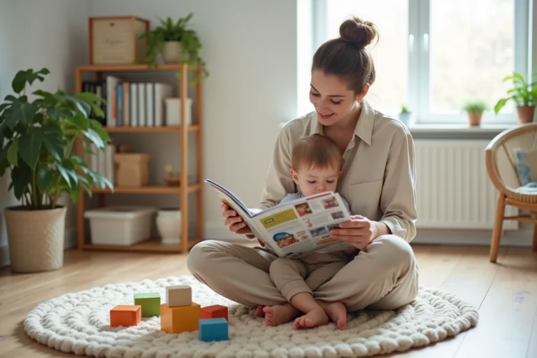 Mère trentenaire lisant un magazine parental avec son tout-petit dans un salon moderne et épuré