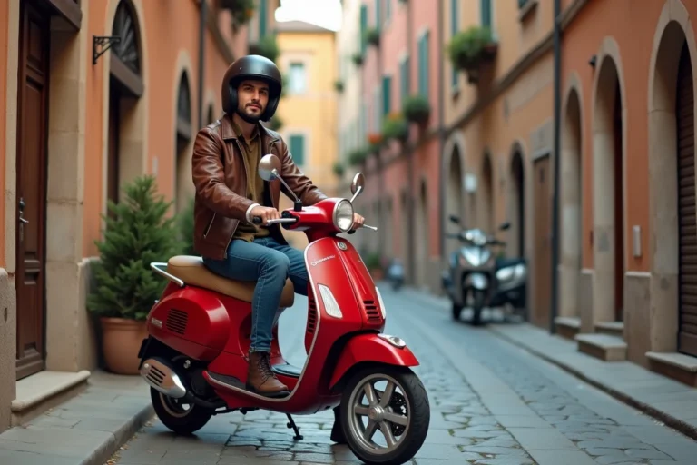 Homme portant un casque intégral assis sur une moto 125cc rouge dans une rue pavée d'une ville italienne, illustrant la conduite avec un permis B en Italie