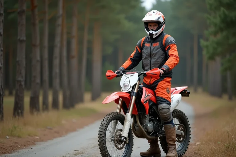 Jeune motard en tenue complète debout à côté d'une moto cross 125 homologuée sur un chemin de terre en forêt