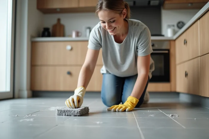 Femme nettoyant les joints de carrelage d'un sol de cuisine en grès cérame