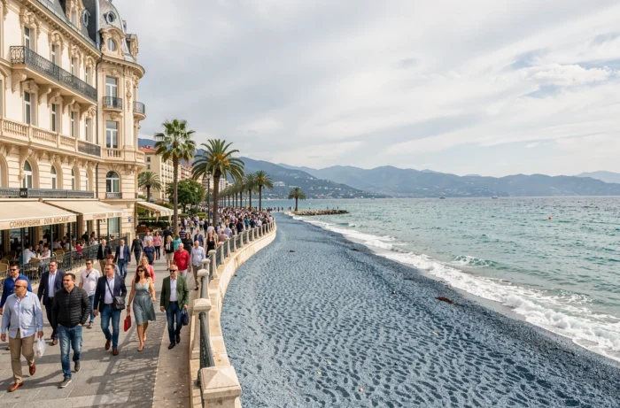 La Promenade des Anglais à Nice avec une foule mêlant résidents français, russes et italiens devant la Méditerranée