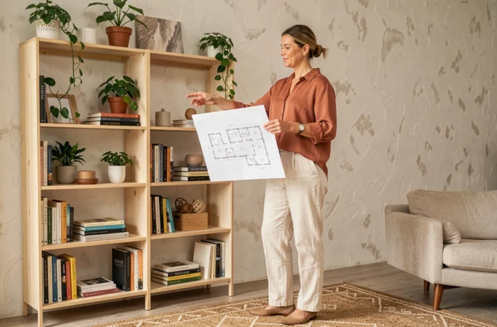 Femme réorganisant une bibliothèque dans un salon décoré avec goût, idées rangement et aménagement intérieur