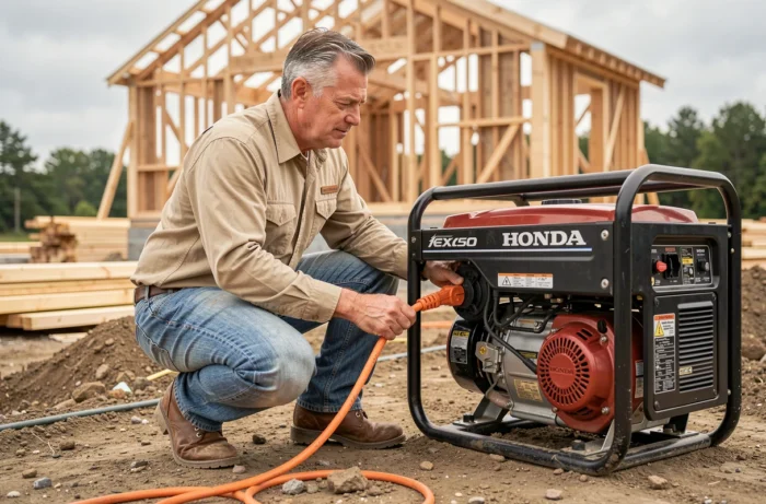 Un ouvrier quadragénaire en tenue de chantier connectant un câble prolongateur au groupe électrogène Honda EX650 sur un chantier de construction en extérieur