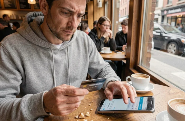 Homme hésitant à saisir ses informations de carte bancaire lors d'un paiement en ligne dans un café
