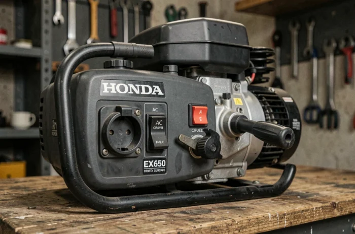 Gros plan sur le panneau de contrôle du groupe électrogène Honda EX650 avec prise AC, disjoncteur et démarreur à corde, posé sur un établi en bois dans un atelier