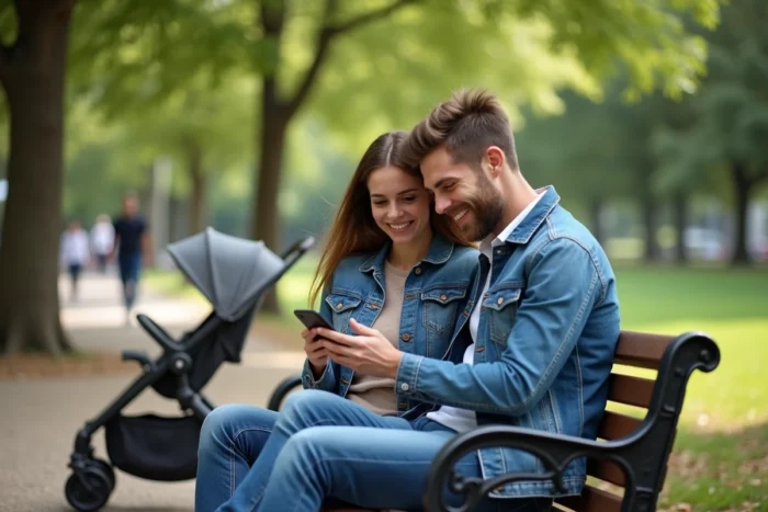 Jeunes parents consultant des conseils parentaux sur smartphone dans un parc urbain avec une poussette