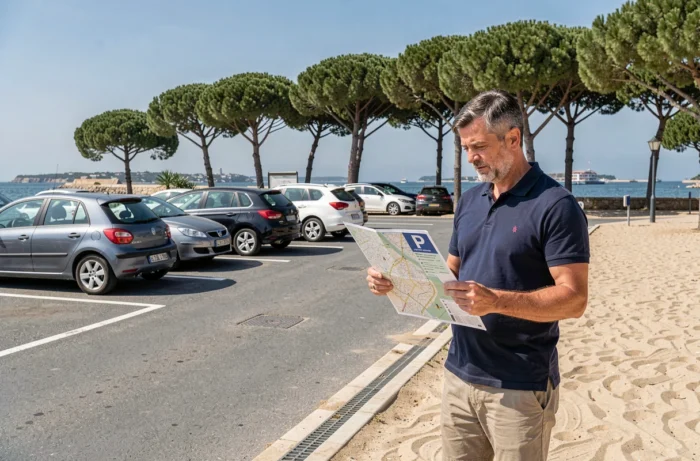 Homme consultant un plan de stationnement gratuit dans un parking en plein air à Arcachon au bord du bassin