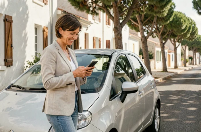 Femme trouvant un parking gratuit dans une rue calme d'Arcachon en consultant son smartphone