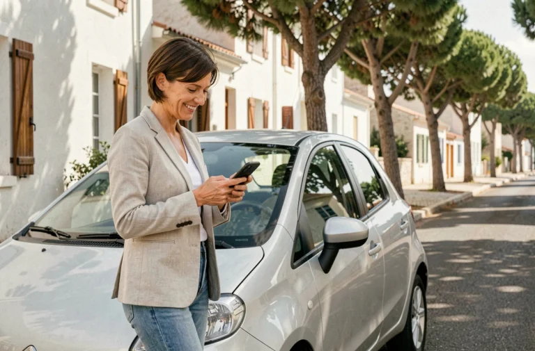 Femme trouvant un parking gratuit dans une rue calme d'Arcachon en consultant son smartphone