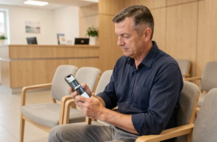 Patient consultant son dossier d'imagerie médicale en ligne sur smartphone dans une salle d'attente médicale