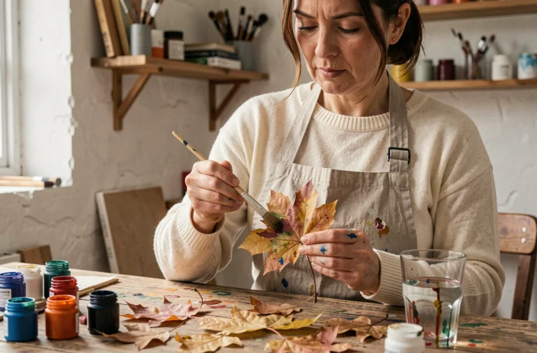 Femme peignant sur une feuille d'automne séchée avec des peintures acryliques dans un atelier artisanal
