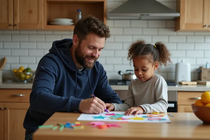 Père aidant sa fille à une activité éducative créative dans une cuisine familiale moderne