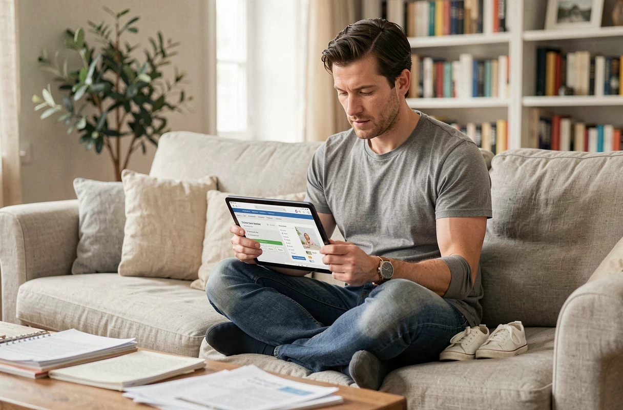 Père consultant un simulateur de coût de micro-crèche sur tablette dans son salon