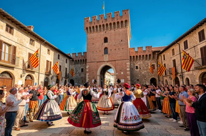 Une fête catalane devant le Castillet de Perpignan rassemblant Catalans, Espagnols et Maghrébins en costume traditionnel