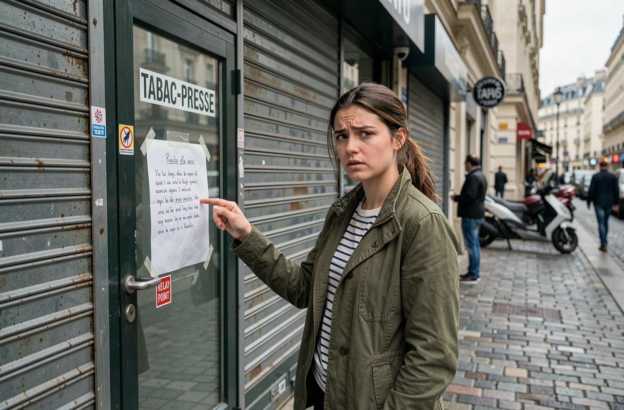 Jeune femme devant un point relais fermé lisant un avis sur la vitrine, illustrant un problème de retrait de colis Vinted