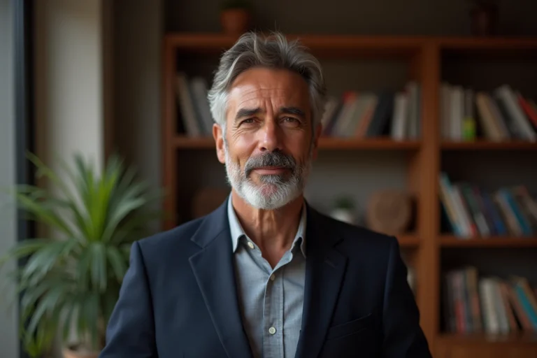 Portrait d'un homme politique français élégant en appartement parisien, illustrant la vie privée de Laurent Jacobelli