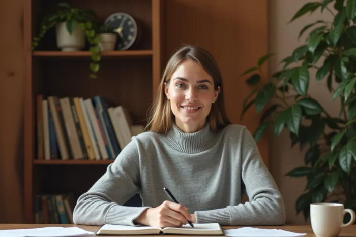 Femme se préparant à sa première consultation psy en écrivant ses pensées dans un carnet à son bureau