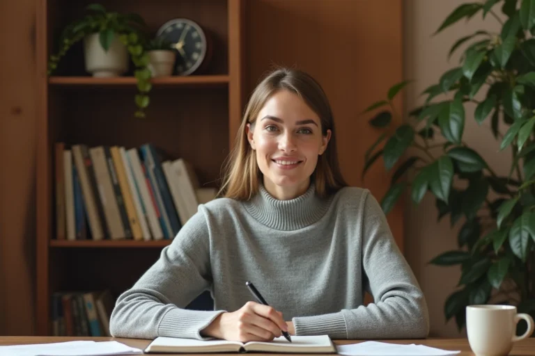 Femme se préparant à sa première consultation psy en écrivant ses pensées dans un carnet à son bureau