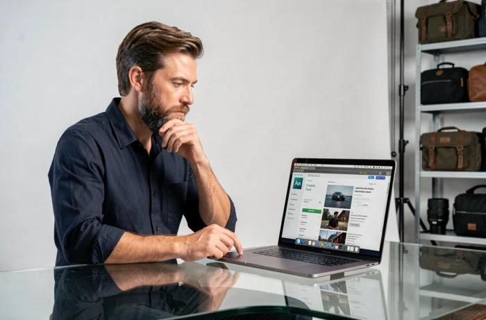 Photographe professionnel comparant les prix des abonnements Adobe Lightroom Classic sur son MacBook dans un studio photo