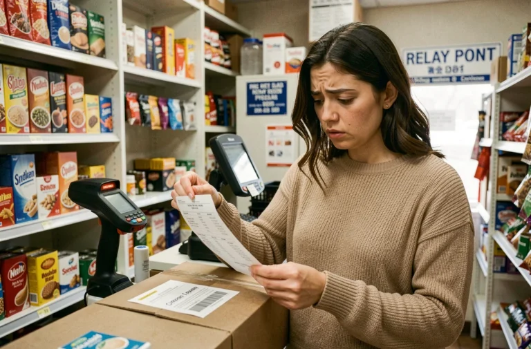 Femme tenant un avis de passage devant un comptoir de point relais dans une épicerie, l'air préoccupée par un problème de colis Vinted