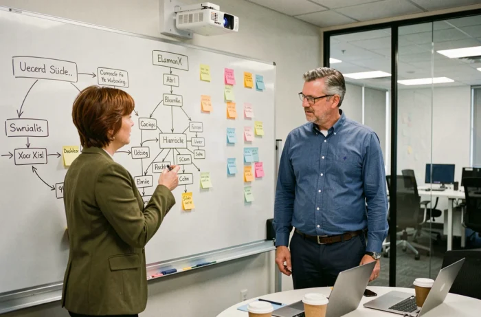 Deux professionnels discutant d'une architecture de sitemap dessinée sur un tableau blanc en salle de réunion