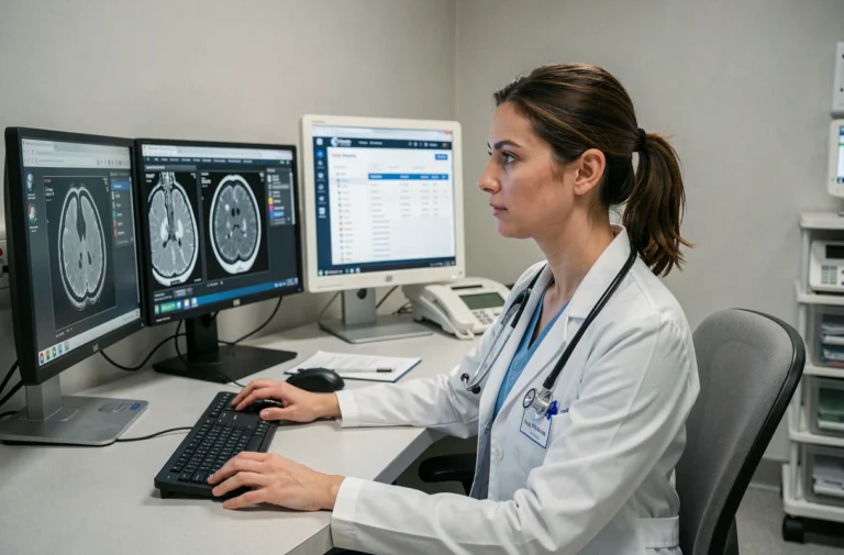 Radiologue femme consultant des images médicales IRM sur un écran d'ordinateur dans une salle de lecture hospitalière