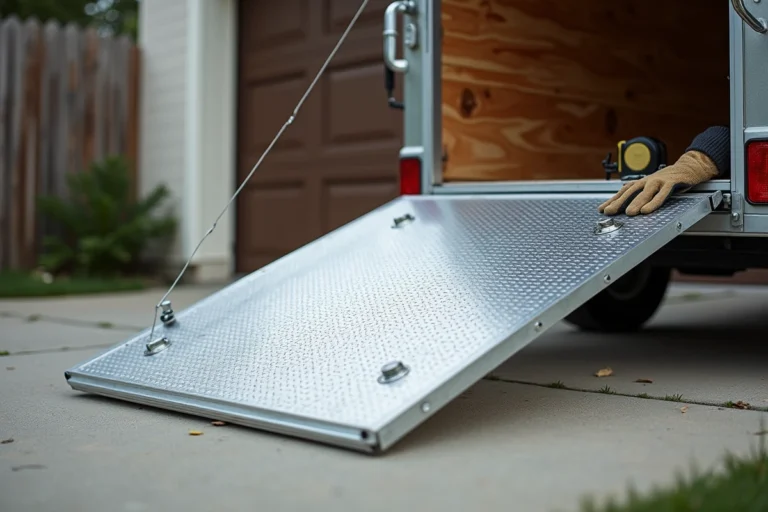 Rampe de chargement en aluminium installée à l'arrière d'une remorque utilitaire sur une allée en béton