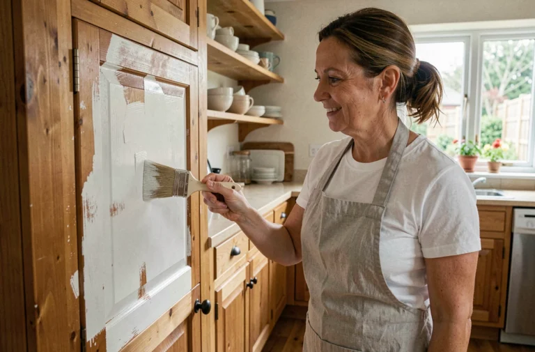 Femme rénovant des placards de cuisine en appliquant de la peinture blanche, ambiance bricolage maison moderne