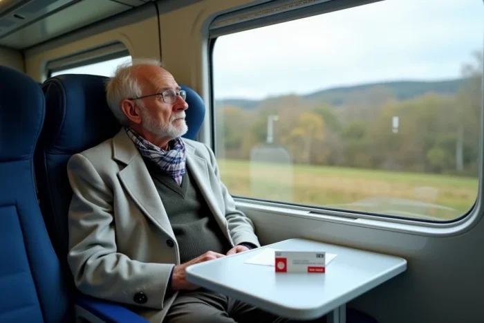 Un retraité voyageant en TGV avec sa carte de réduction SNCF Pass Carmillon posée sur la tablette