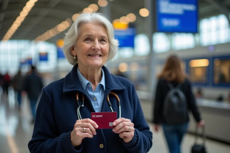 Une retraitée souriante tenant sa carte Pass Carmillon SNCF au guichet d'une gare française