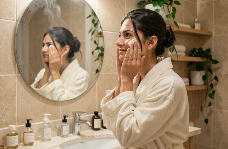 Femme appliquant sa routine de soin visage devant un miroir de salle de bain en marbre