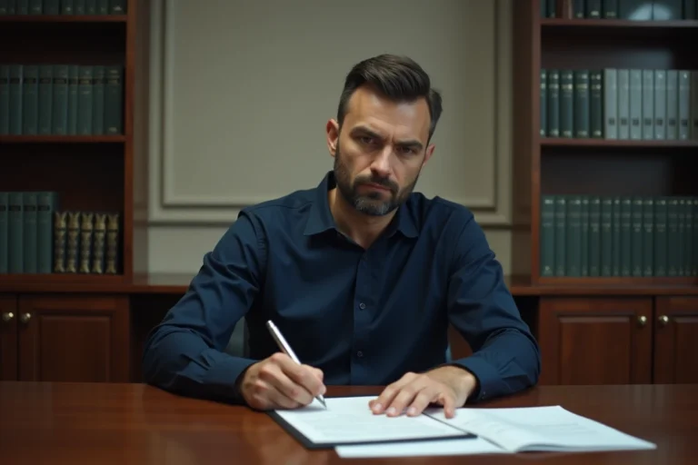Homme adulte signant des documents juridiques officiels dans un bureau de notaire, illustrant une rupture familiale légale en France