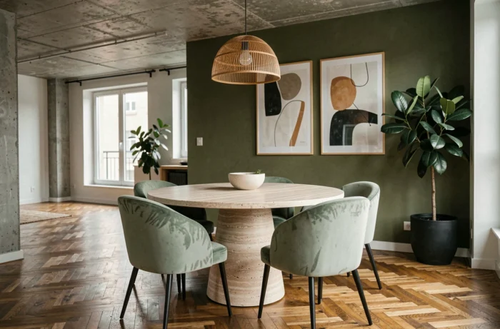 Salle à manger tendance 2024 avec table en travertin, chaises en velours vert sauge et mur vert olive, décoration intérieure moderne