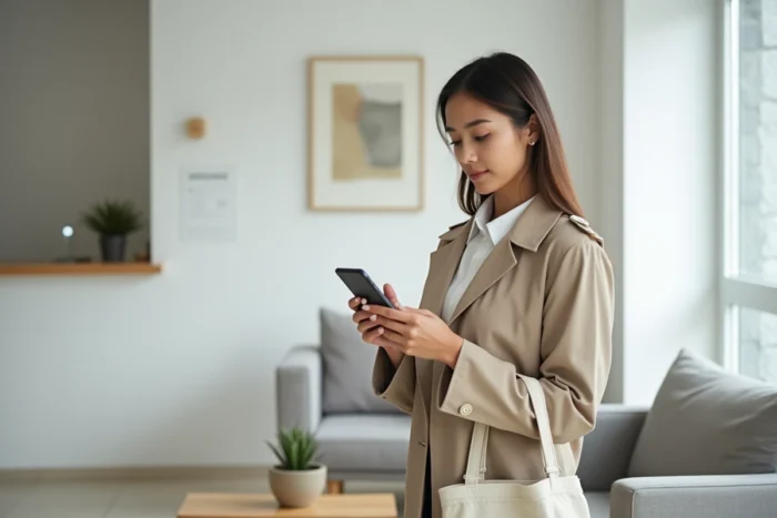 Jeune femme dans une salle d'attente de cabinet de psychologie consultant son téléphone avant sa première consultation