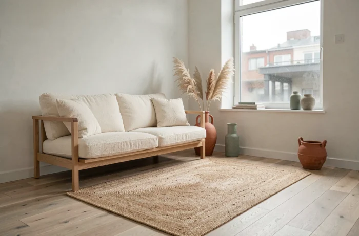 Salon scandinave moderne avec canapé en bouclé crème, vase en céramique terracotta et tapis en jute naturel, tendances déco 2024