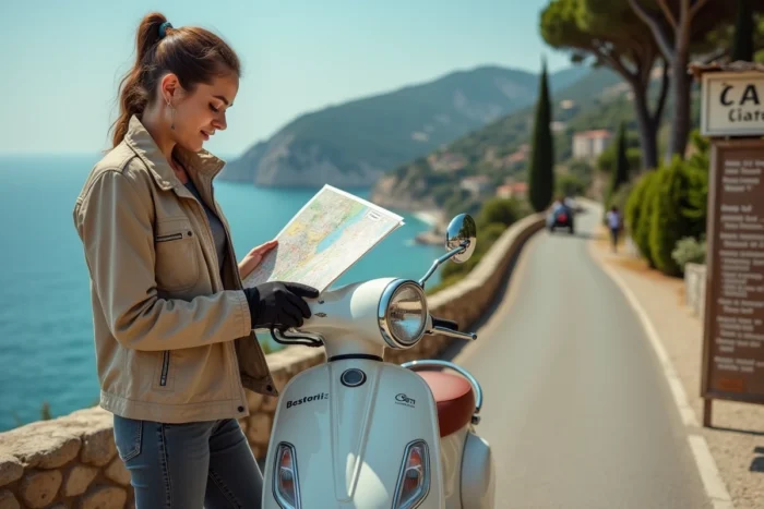 Femme en veste de moto beige consultant une carte routière à côté d'un scooter 125cc blanc sur une route côtière italienne avec vue sur la mer