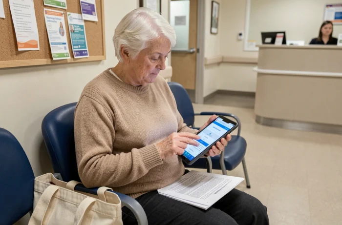 Personne âgée comparant des mutuelles santé sur une tablette dans une salle d'attente médicale, avec une ordonnance posée sur les genoux