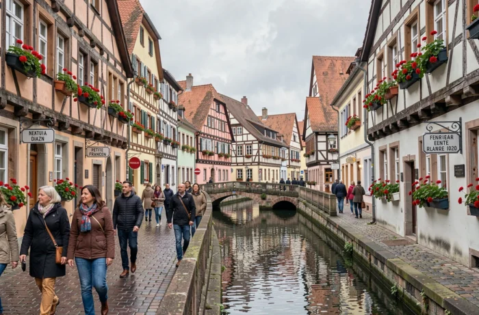 Le quartier historique de la Petite France à Strasbourg avec des promeneurs européens divers devant les maisons à colombages alsaciennes